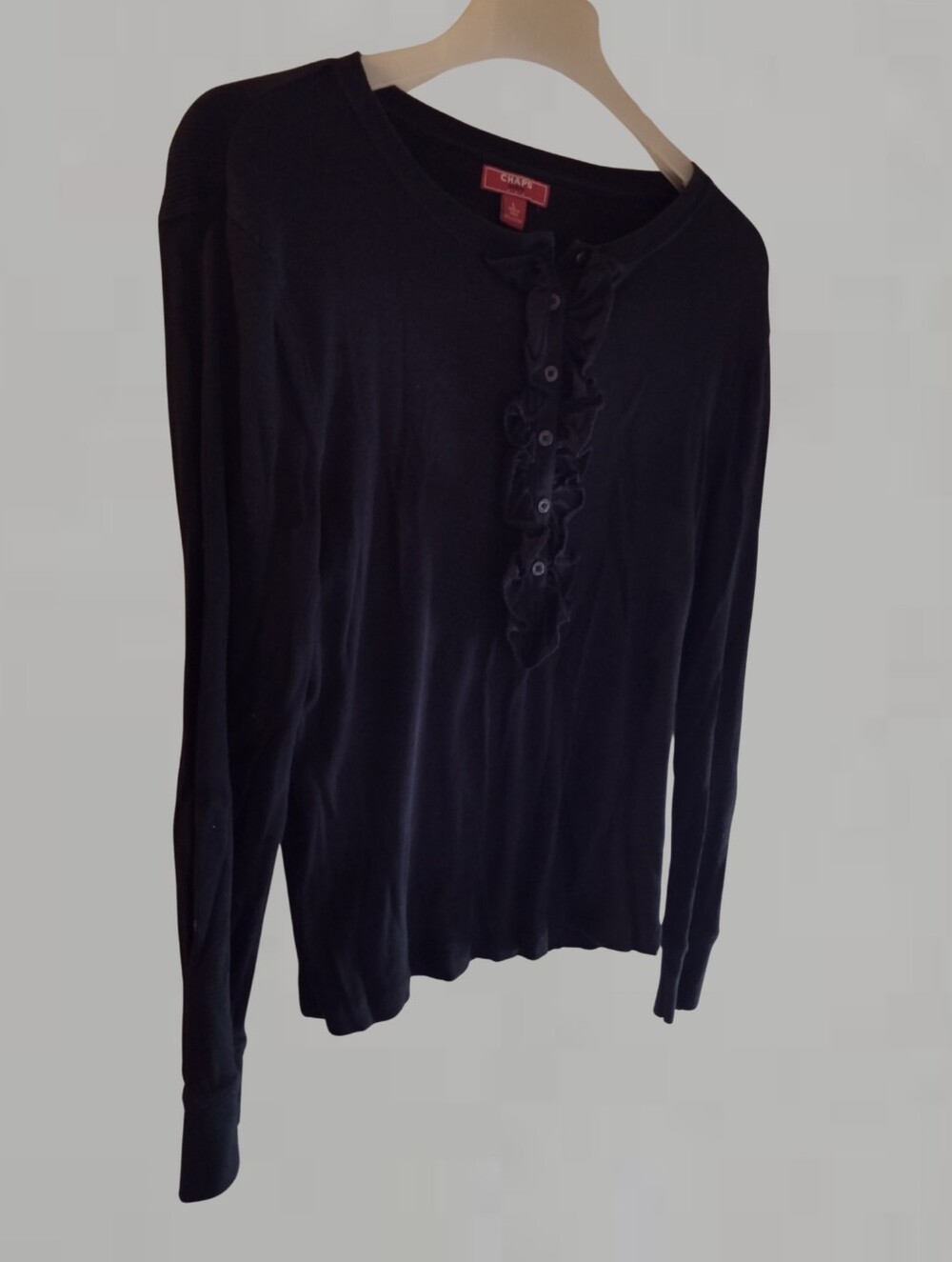 D1) Chaps Denim Women’s Black Long Sleeve Ruffle Front Top - Size Large
